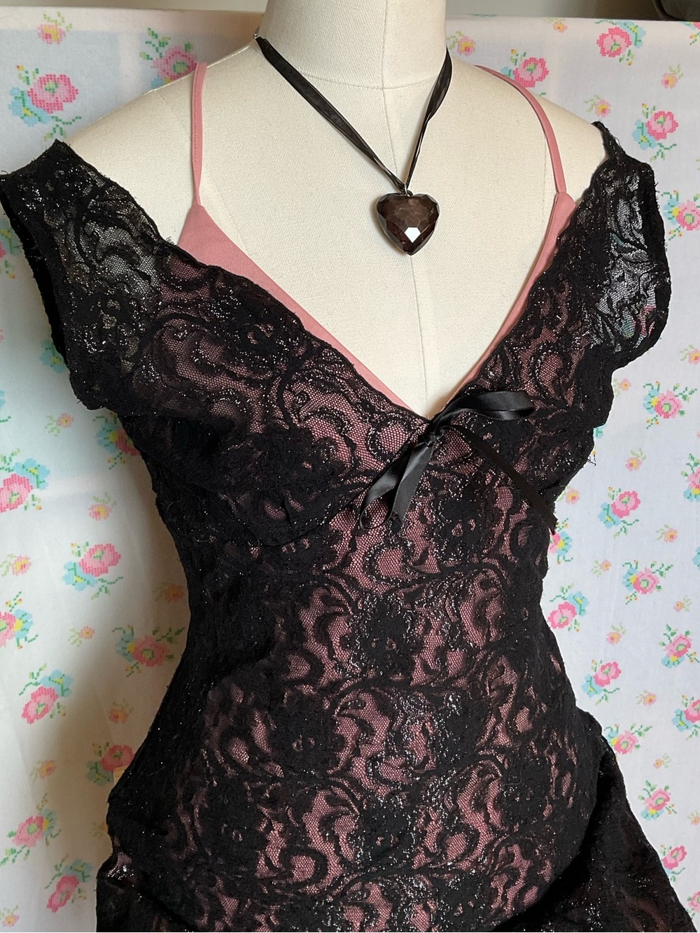 Black Sparkly Lace Dress with Pink Underlayer
